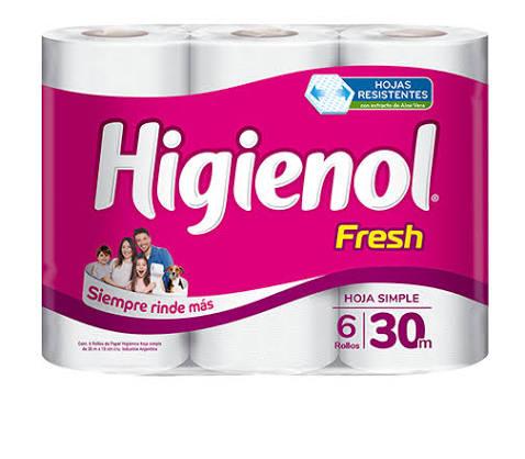 PAPEL HIGIÉNICO HIGIENOL FRESH HOJA SIMPLE 30 MTS 6 UNI